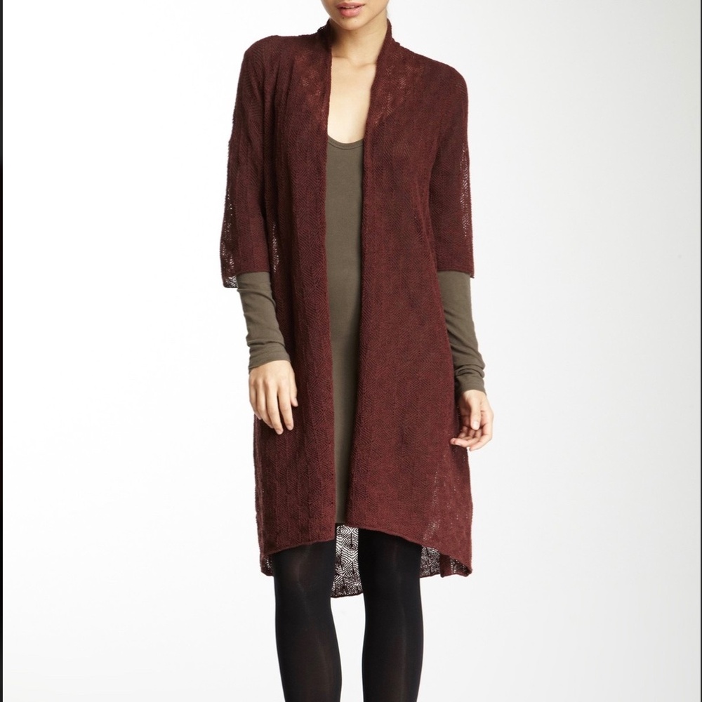 Eileen Fisher Casis Burgundy Open Front Short Sleeve Cardigan